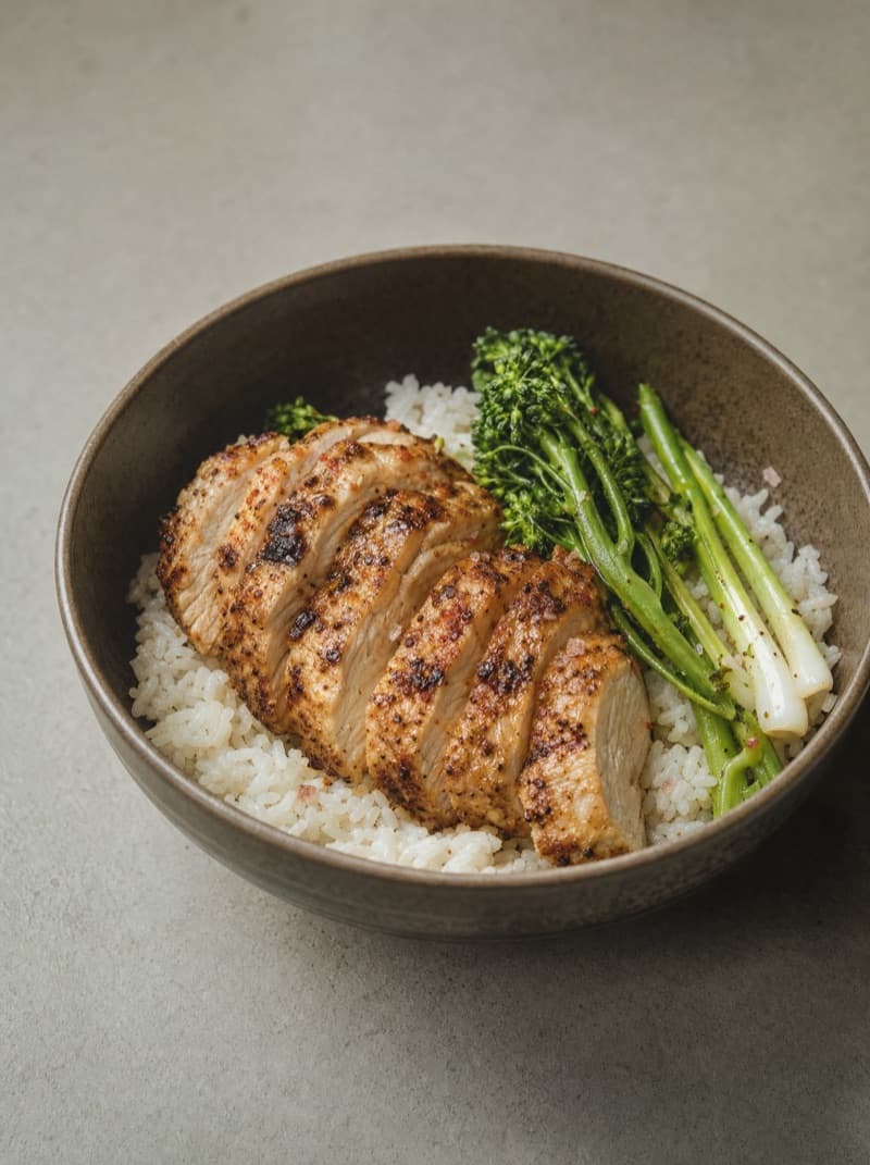 Sliced chicken breast on rice with broccolini in a bowl