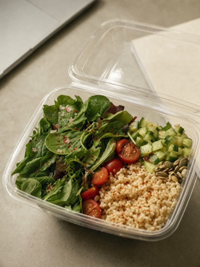 A meal-prep salad with couscous and tomatoes in a clear tub